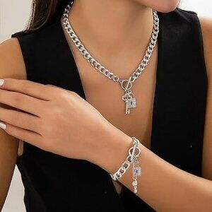 Silver Cuban Link Necklace Bracelet Set Dainty Lock Key Chain Choker Toggle